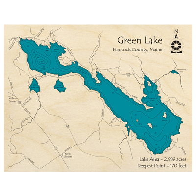 Bathymetric topo map of Green Lake, ME with roads, towns and depths noted in blue water.