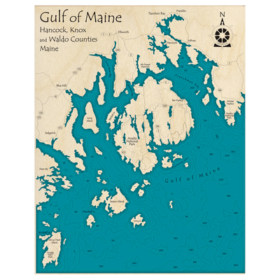 Bathymetric topo map of Gulf of Maine, ME with roads, towns and depths noted in blue water.