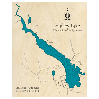 Bathymetric topo map of Hadley Lake, ME with roads, towns and depths noted in blue water.
