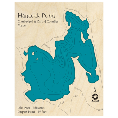 Bathymetric topo map of Hancock Pond, ME with roads, towns and depths noted in blue water.