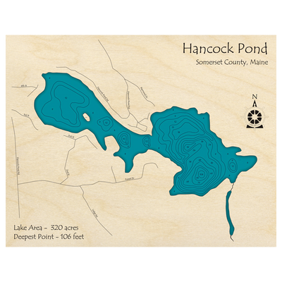 Bathymetric topo map of Hancock Pond, ME with roads, towns and depths noted in blue water.