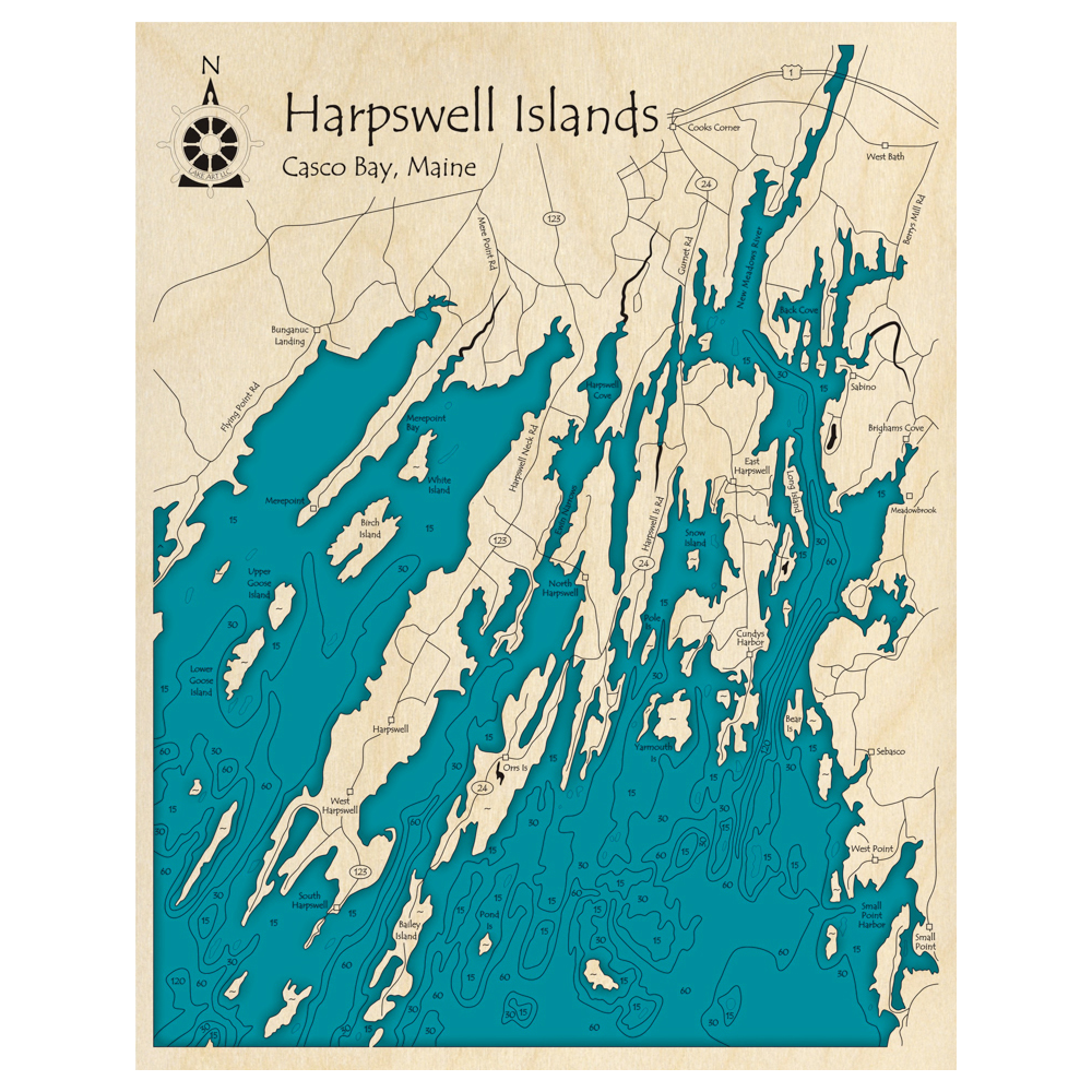 Bathymetric topo map of Harpswell Islands, ME with roads, towns and depths noted in blue water.