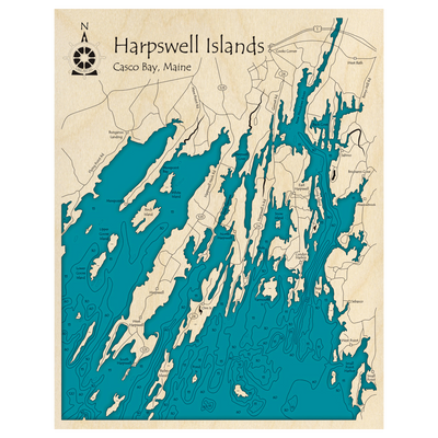 Bathymetric topo map of Harpswell Islands, ME with roads, towns and depths noted in blue water.