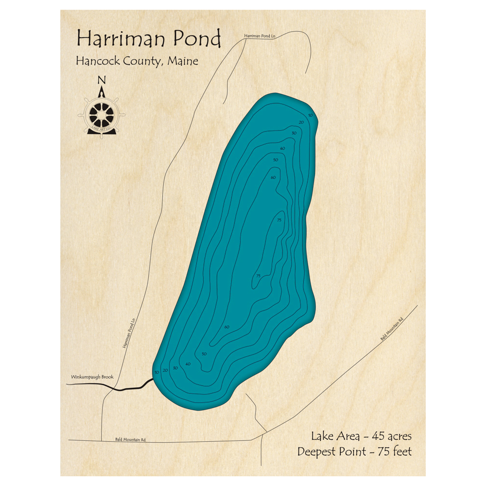 Bathymetric topo map of Harriman Pond, ME with roads, towns and depths noted in blue water.