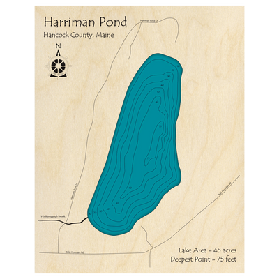 Bathymetric topo map of Harriman Pond, ME with roads, towns and depths noted in blue water.