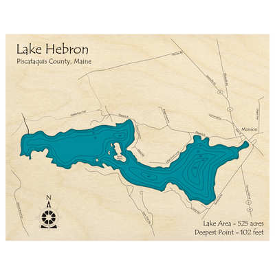 Bathymetric topo map of Lake Hebron, ME with roads, towns and depths noted in blue water.