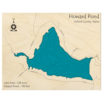 Bathymetric topo map of Howard Pond, ME with roads, towns and depths noted in blue water.