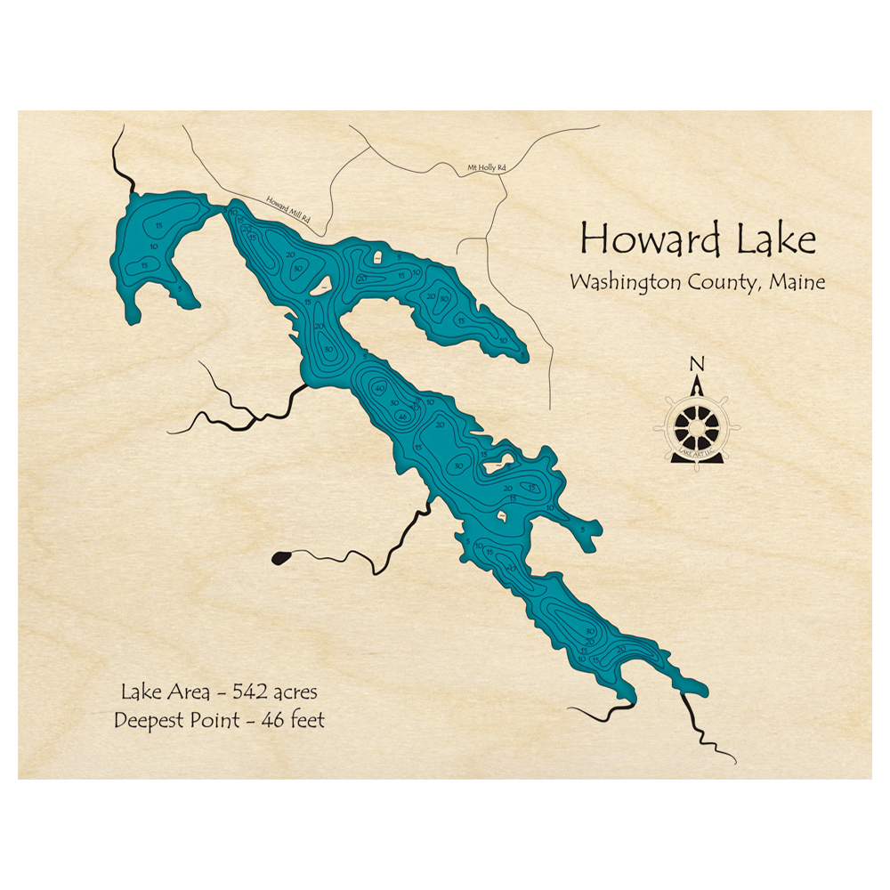 Bathymetric topo map of Howard Lake, ME with roads, towns and depths noted in blue water.