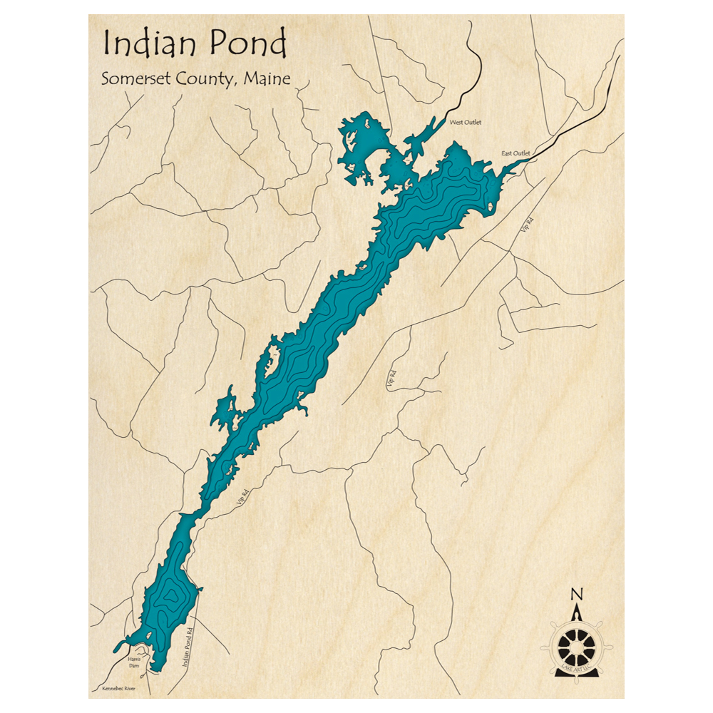 Bathymetric topo map of Indian Pond, ME with roads, towns and depths noted in blue water.