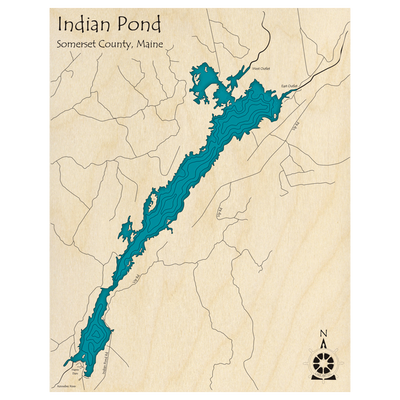 Bathymetric topo map of Indian Pond, ME with roads, towns and depths noted in blue water.