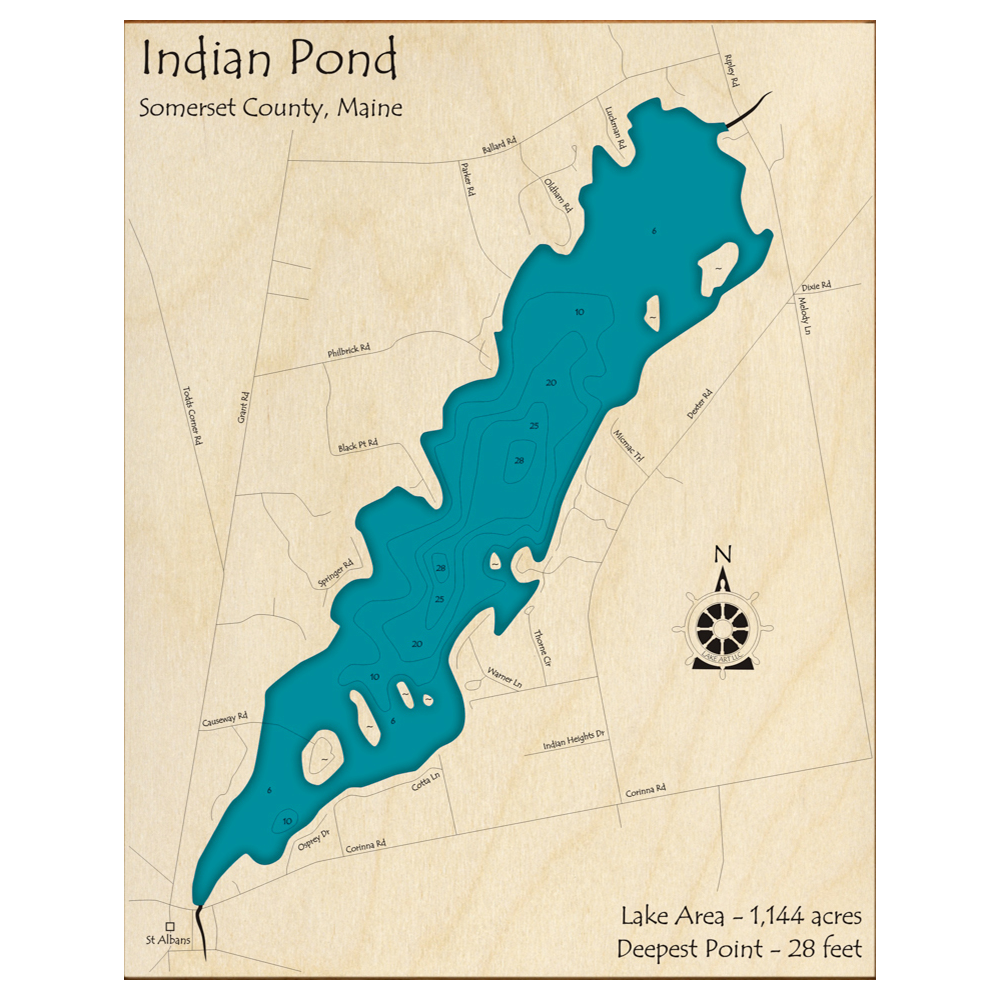 Bathymetric topo map of Indian Pond, ME with roads, towns and depths noted in blue water.