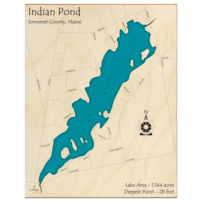 Bathymetric topo map of Indian Pond, ME with roads, towns and depths noted in blue water.