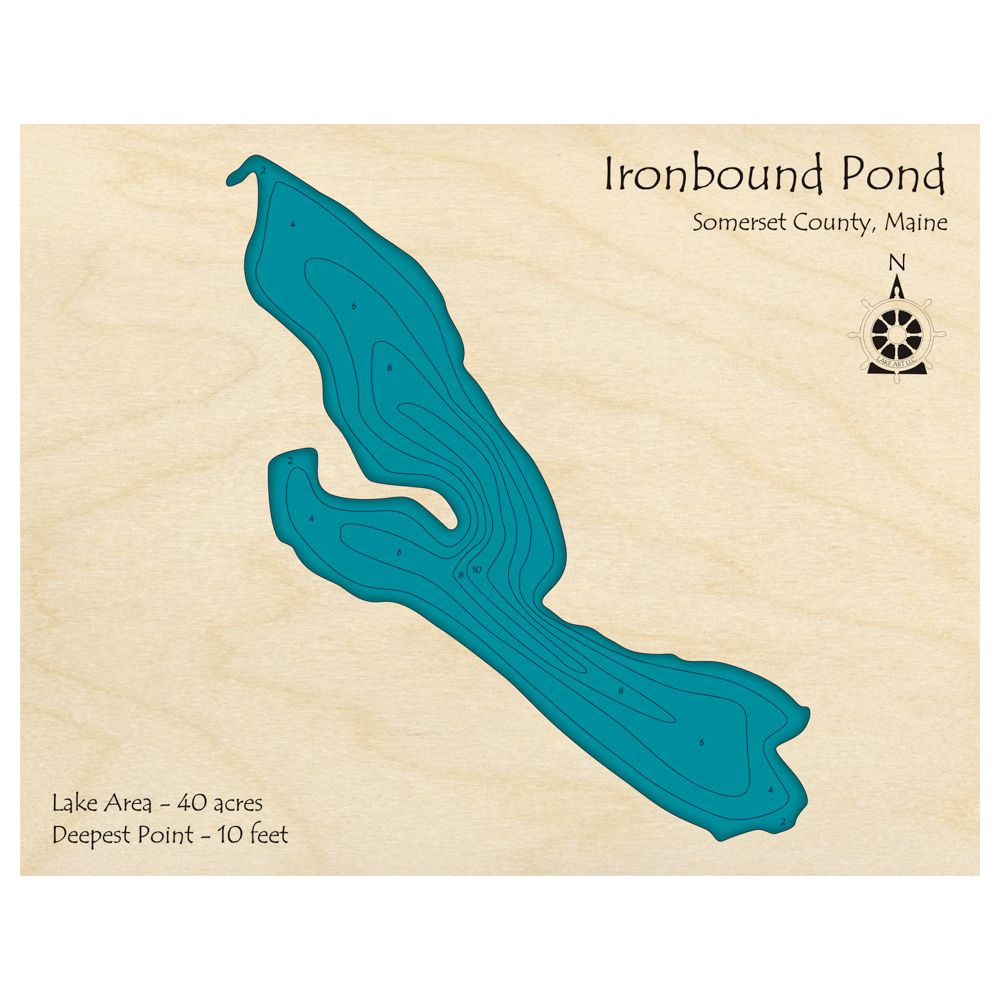 Bathymetric topo map of Ironbound Pond, ME with roads, towns and depths noted in blue water.