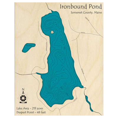 Bathymetric topo map of Ironbound Pond, ME with roads, towns and depths noted in blue water.