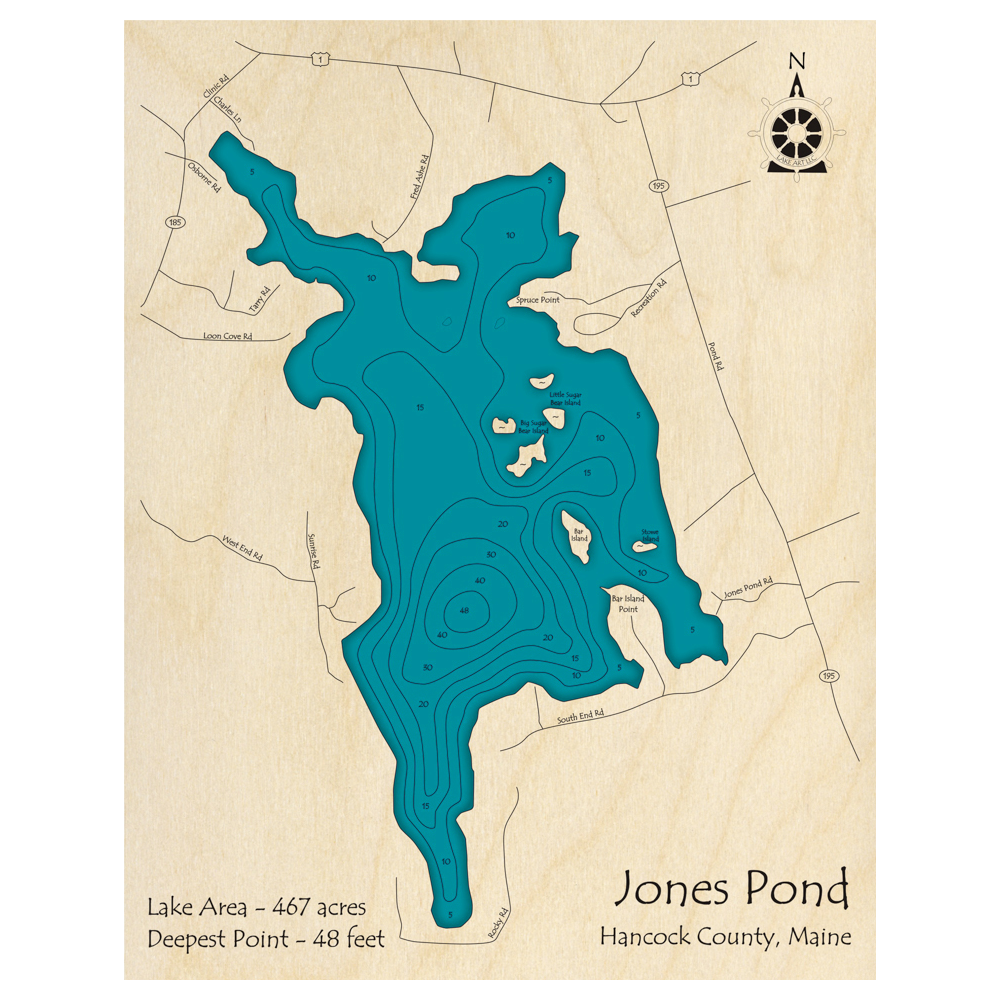 Bathymetric topo map of Jones Pond, ME with roads, towns and depths noted in blue water.