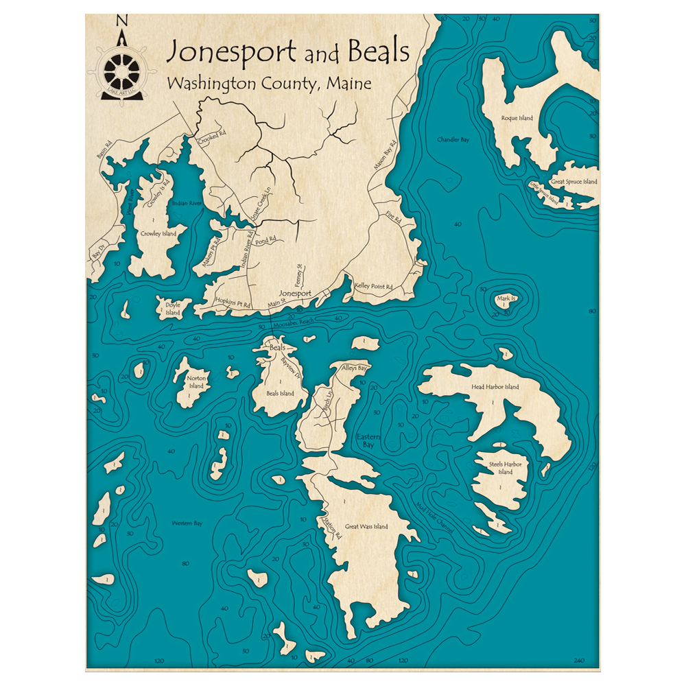 Bathymetric topo map of Jonesport and Beals, ME with roads, towns and depths noted in blue water.