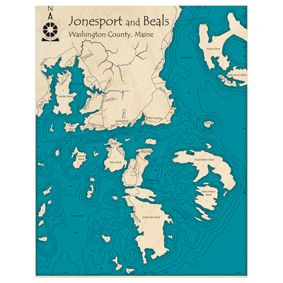Bathymetric topo map of Jonesport and Beals, ME with roads, towns and depths noted in blue water.