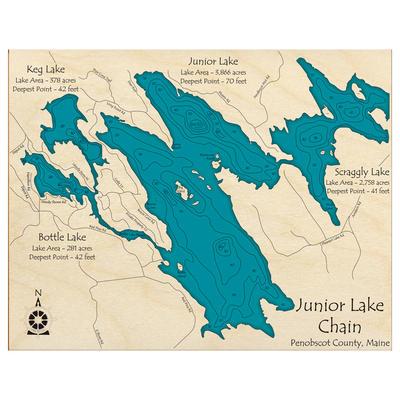 Bathymetric topo map of Junior Lakes Chain, ME with roads, towns and depths noted in blue water.