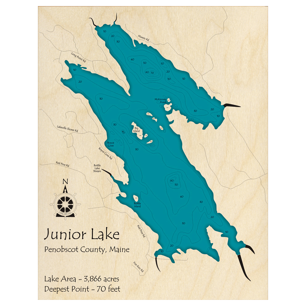 Bathymetric topo map of Junior Lake, ME with roads, towns and depths noted in blue water.