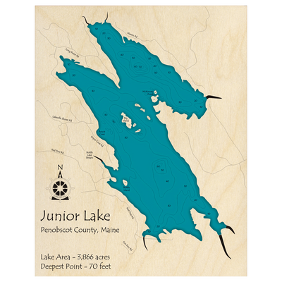 Bathymetric topo map of Junior Lake, ME with roads, towns and depths noted in blue water.