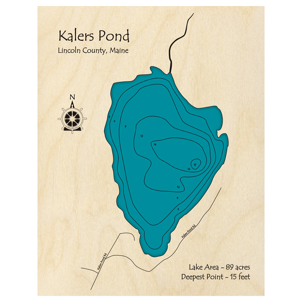 Bathymetric topo map of Kalers Pond, ME with roads, towns and depths noted in blue water.