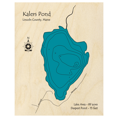 Bathymetric topo map of Kalers Pond, ME with roads, towns and depths noted in blue water.