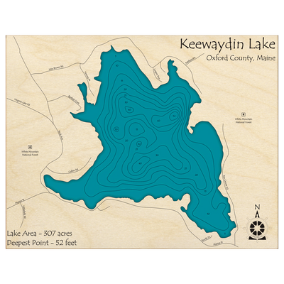 Bathymetric topo map of Keewaydin Lake, ME with roads, towns and depths noted in blue water.