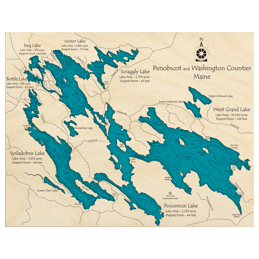 Bathymetric topo map of West Grand Lake, ME with roads, towns and depths noted in blue water.