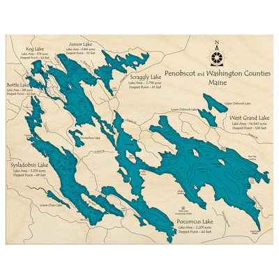 Bathymetric topo map of West Grand Lake, ME with roads, towns and depths noted in blue water.