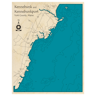 Bathymetric topo map of Kennebunk/Kennebunkport, ME with roads, towns and depths noted in blue water.