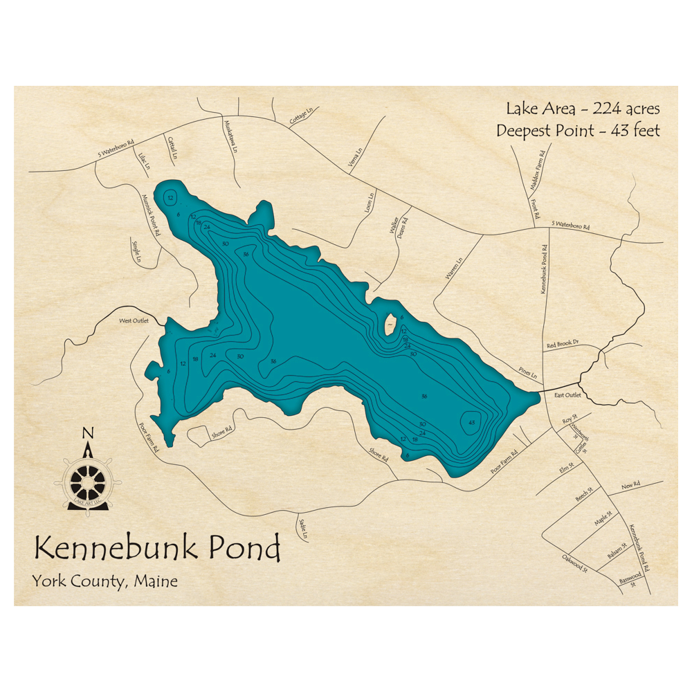 Bathymetric topo map of Kennebunk Pond, ME with roads, towns and depths noted in blue water.