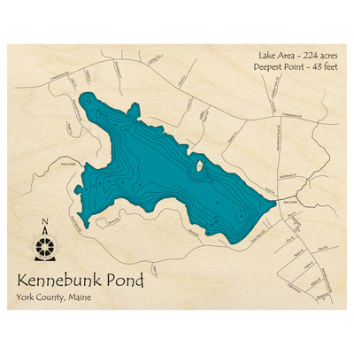 Bathymetric topo map of Kennebunk Pond, ME with roads, towns and depths noted in blue water.