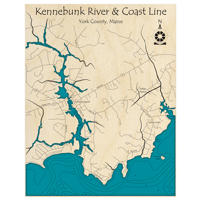 Bathymetric topo map of Kennebunk River and Coastline, ME with roads, towns and depths noted in blue water.