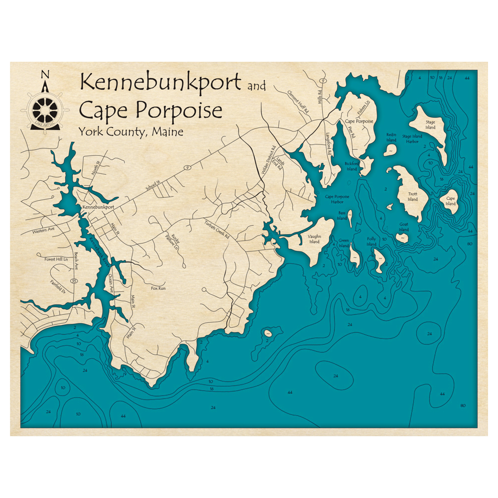 Bathymetric topo map of Kennebunkport and Cape Porpoise, ME with roads, towns and depths noted in blue water.