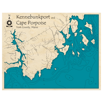 Bathymetric topo map of Kennebunkport and Cape Porpoise, ME with roads, towns and depths noted in blue water.