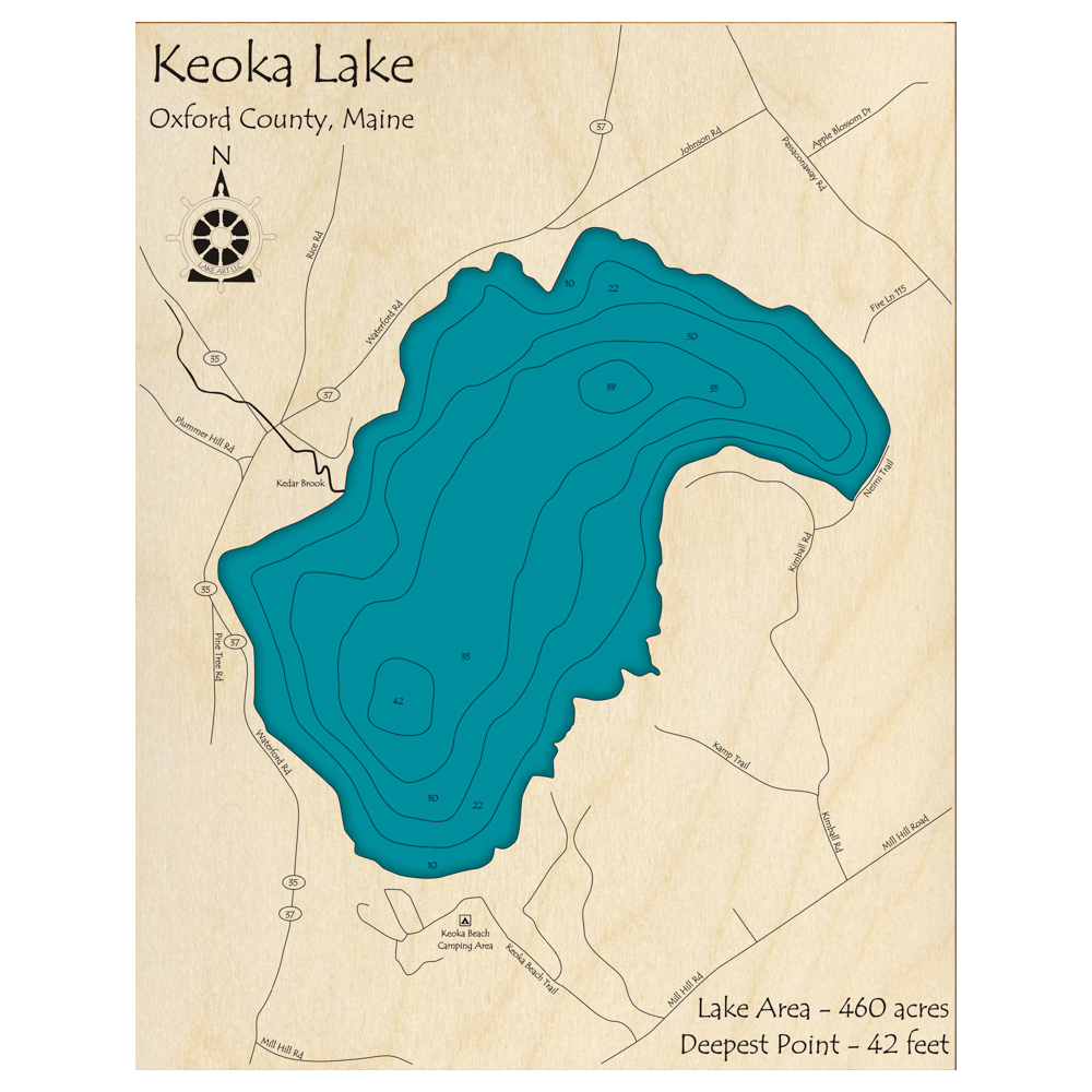Bathymetric topo map of Keoka Lake, ME with roads, towns and depths noted in blue water.