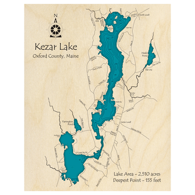 Bathymetric topo map of Kezar Lake, ME with roads, towns and depths noted in blue water.