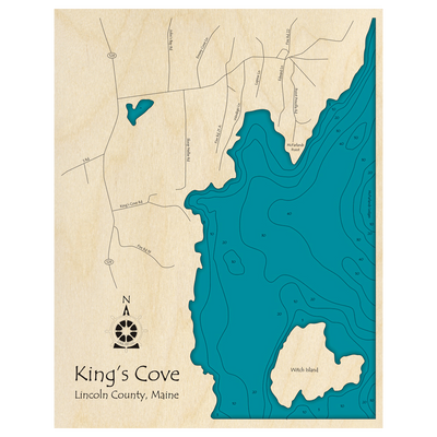 Bathymetric topo map of Kings Cove, ME with roads, towns and depths noted in blue water.