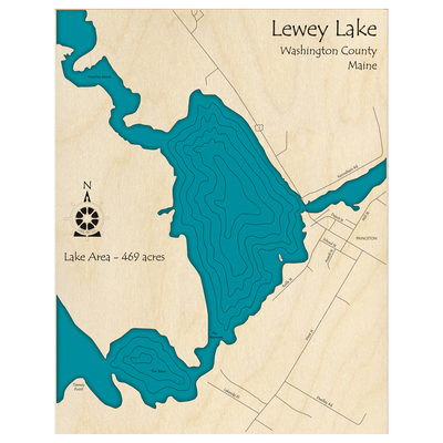 Bathymetric topo map of Lewey Lake, ME with roads, towns and depths noted in blue water.