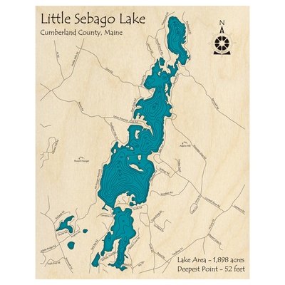 Bathymetric topo map of Little Sebago Lake, ME with roads, towns and depths noted in blue water.