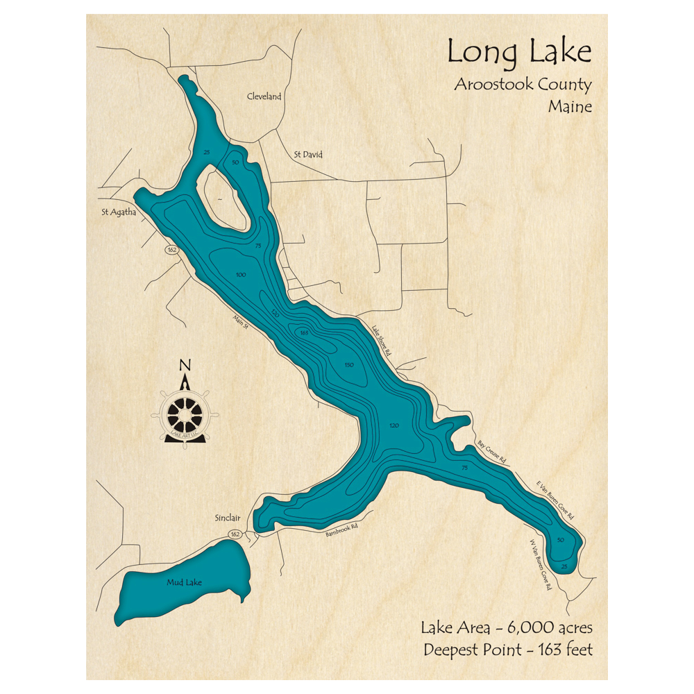 Bathymetric topo map of Long Lake, ME with roads, towns and depths noted in blue water.
