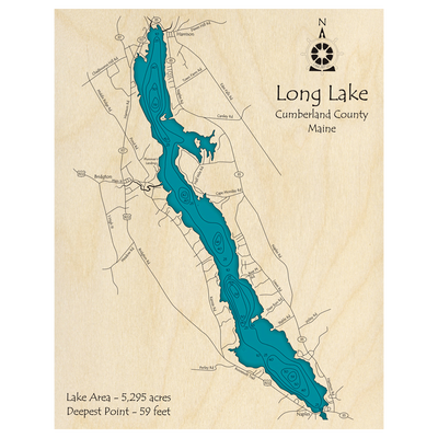 Bathymetric topo map of Long Lake, ME with roads, towns and depths noted in blue water.