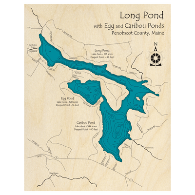 Bathymetric topo map of Long Pond with Egg and Caribou Ponds, ME with roads, towns and depths noted in blue water.