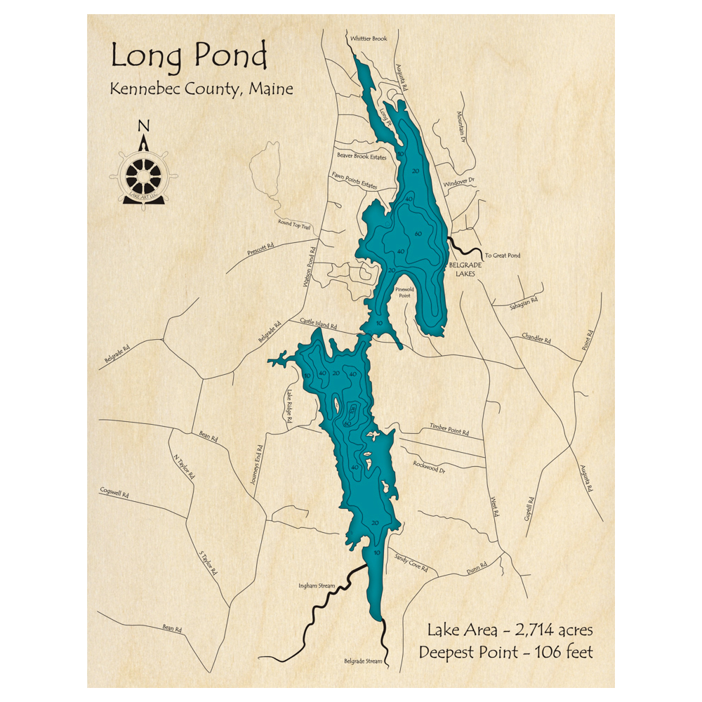Bathymetric topo map of Long Pond, ME with roads, towns and depths noted in blue water.