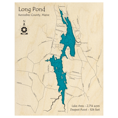 Bathymetric topo map of Long Pond, ME with roads, towns and depths noted in blue water.