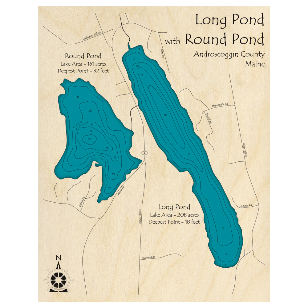 Bathymetric topo map of Long Pond with Round Pond, ME with roads, towns and depths noted in blue water.