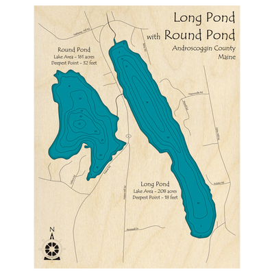Bathymetric topo map of Long Pond with Round Pond, ME with roads, towns and depths noted in blue water.