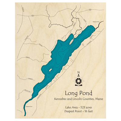 Bathymetric topo map of Long Pond, ME with roads, towns and depths noted in blue water.