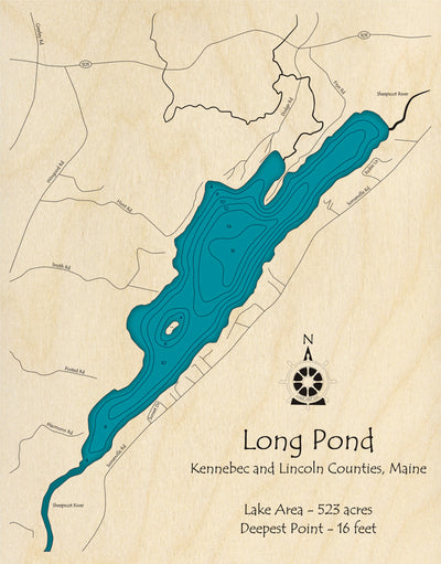 Bathymetric topo map of Long Pond, ME with roads, towns and depths noted in blue water.