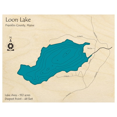 Bathymetric topo map of Loon Lake, ME with roads, towns and depths noted in blue water.